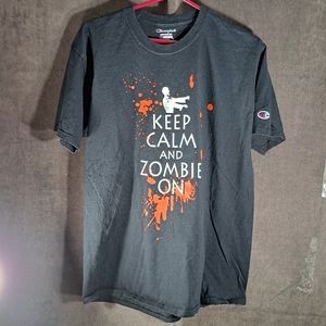 Champion Authentic "Keep Calm And Zombie On" Black Graphic Horror Tee VG L